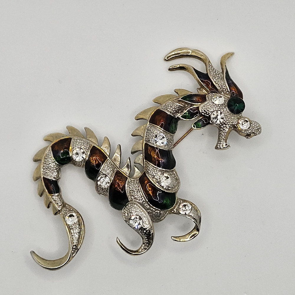 Vintage Dragon Brooch Pin Green and Brown Accents With Rhinestones 80s 90s